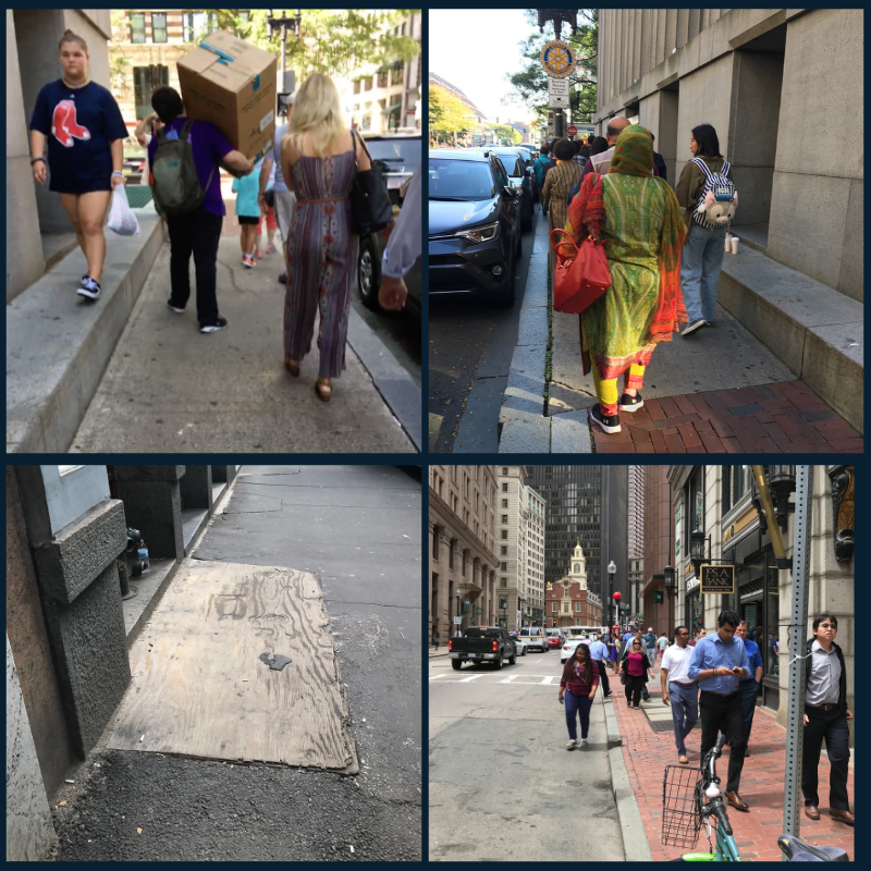 A collage of four images. The first image shows someone carrying a large box away from the camera while another person walks on a ledge toward the camera. The second image shows a group of people crowded on a brick sidewalk. The third shows asphalt and plywood patches on the sidewalk. The fourth shows a person walking in the street while the sidewalk is otherwise crowded.