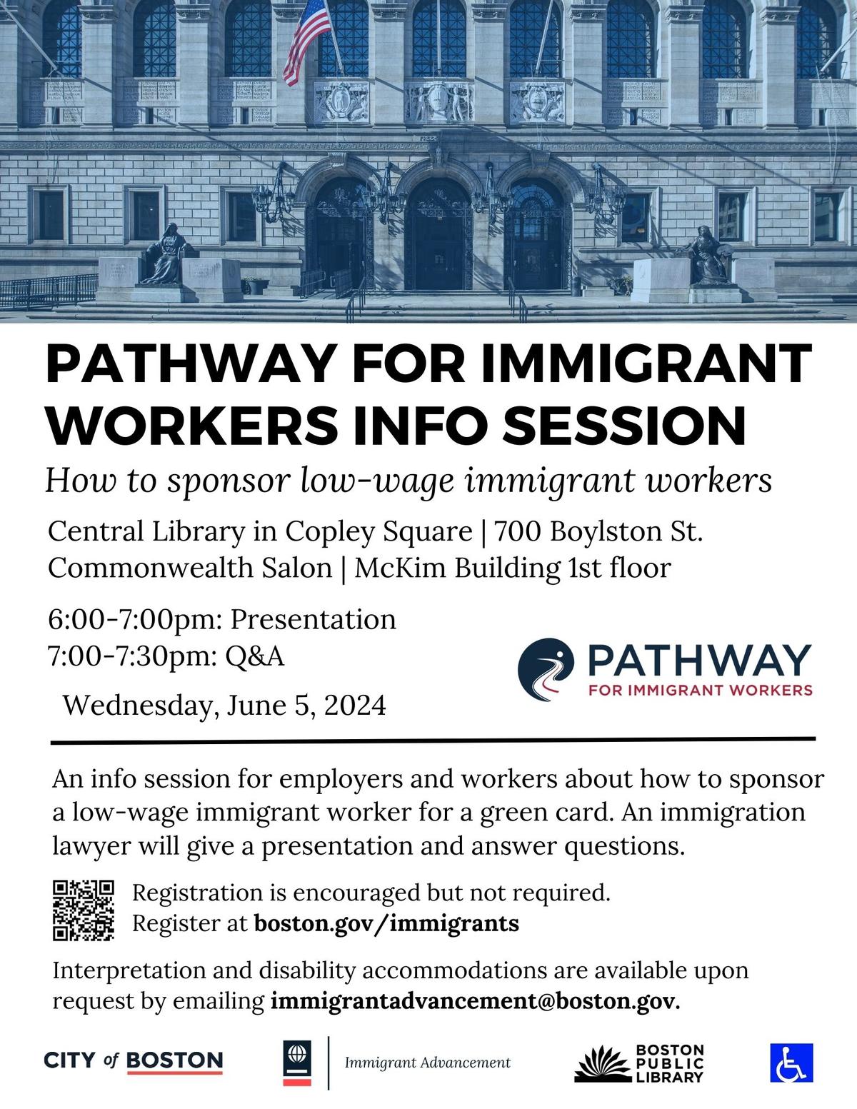 Flyer for an employer info session about how to sponsor low-wage immigrant workers. On Wednesday, June 5, 2024 from 6-7:30pm