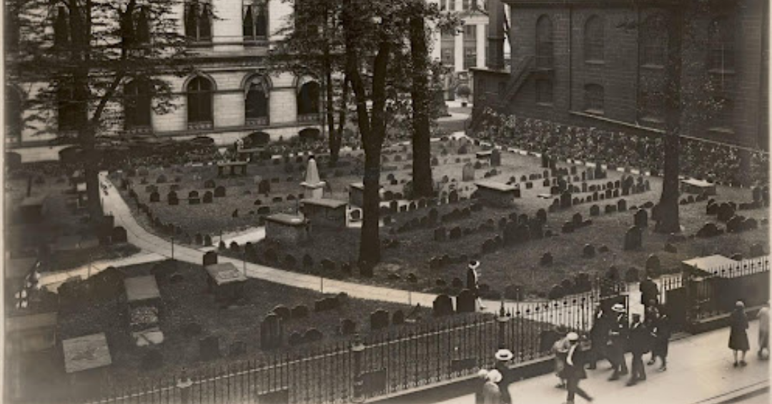 This photo of King's Chapel Burying Ground was taken on September 29, 1929. This photo was taken 75 years after the fence was first installed.