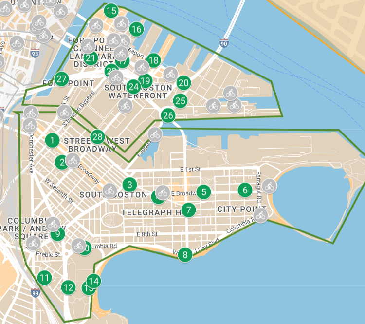 Green pins are where potential new sites for Bluebikes stations