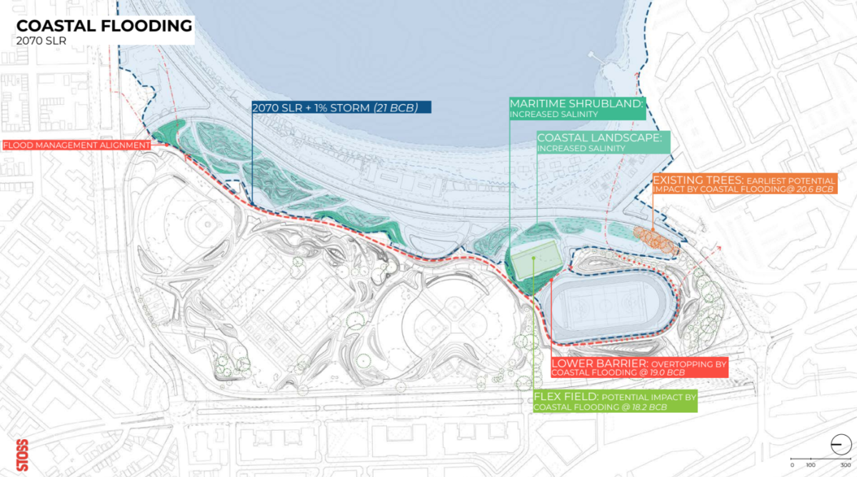 Inundation extent from the 1% annual chance storm in 2070 (shown in blue) in the Moakley Park area