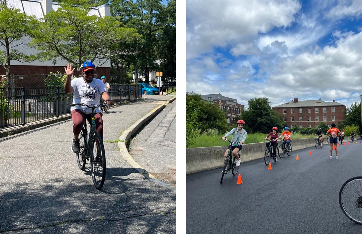 a photo of a group of adults learning how to bike