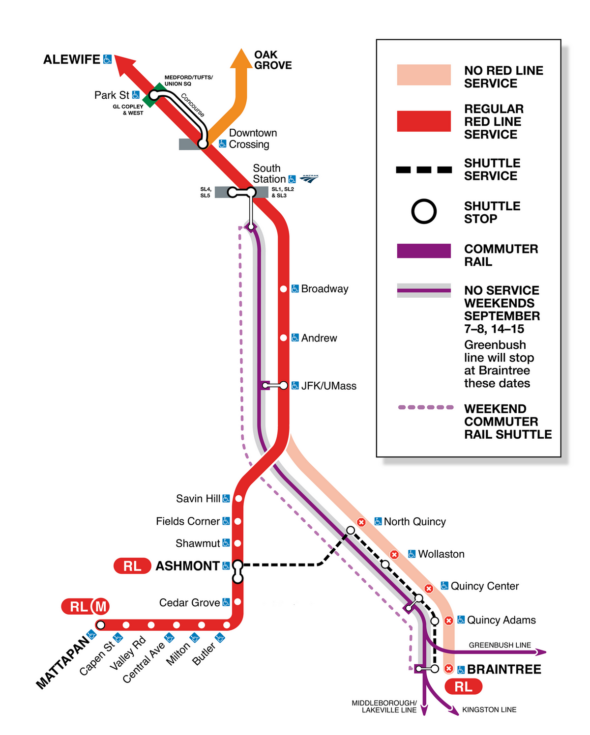 Red Line 09/24 Diversion JFK to Braintree Map