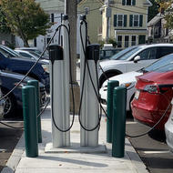 An electric vehicle charging station at a Jamaica Plain municipal lot