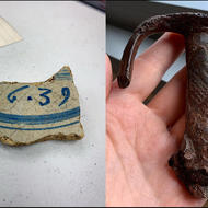 A collage of four images of archaeological artifacts: a small, triangular Native stone projectile point, a fragment of tin glazed pottery bearing the date 1639, an iron sword hilt, and the base of a uranium glass bottle glowing under a blacklight.